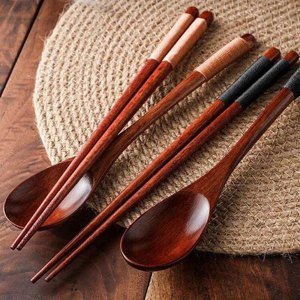 Stylish Wooden Utensil Collection: Premium Long Handle Soup Spoon & Elegant Chopsticks for Authentic Asian Dining - Très Elite