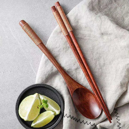 Stylish Wooden Utensil Collection: Premium Long Handle Soup Spoon & Elegant Chopsticks for Authentic Asian Dining - Très Elite