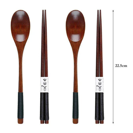 Stylish Wooden Utensil Collection: Premium Long Handle Soup Spoon & Elegant Chopsticks for Authentic Asian Dining - Très Elite