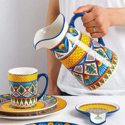 Stylish Yellow Ceramic Dining Set - Mug, Kettle, Plate, and Spoon Bowl, American Style - Très Elite