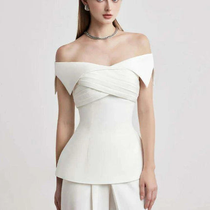Summer 2-Piece Set with Off-Shoulder Neckline and Cross-Back Design - Pleated Jacket & Flowing Pants - Très Elite