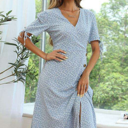 Summer Blossom Lace-Up Dress with Puff Sleeves - Très Elite