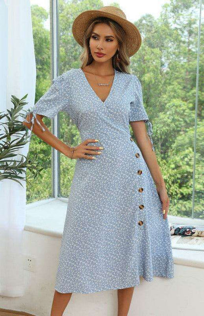 Summer Blossom Lace-Up Dress with Puff Sleeves