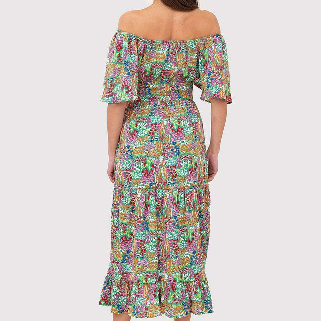 Summer Blossom Ruffled Bardot Midi Dress - Chic Floral Daywear