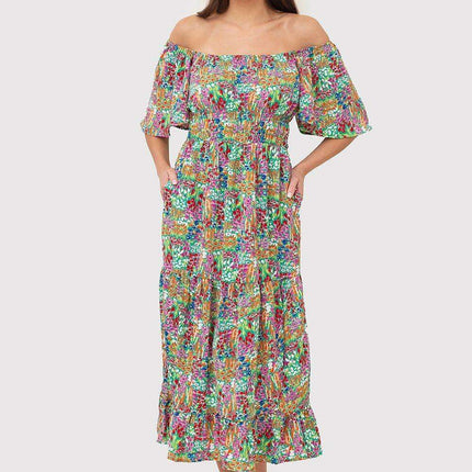 Summer Blossom Ruffled Bardot Midi Dress - Chic Floral Daywear
