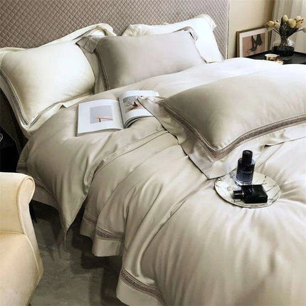 Sumptuous 1000TC Egyptian Cotton Bedding Ensemble with Elegant Hollow Lace - Duvet Cover, Flat & Fitted Sheets, Pillowcases for Queen & King Beds - Très Elite