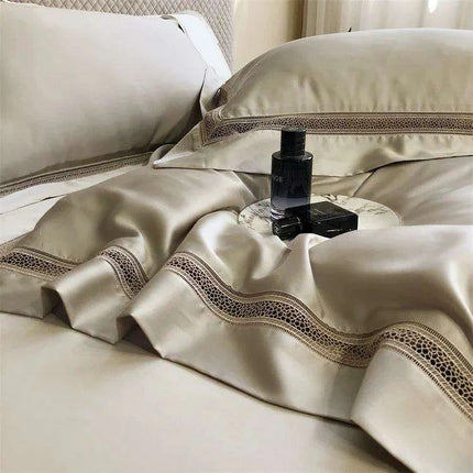 Sumptuous 1000TC Egyptian Cotton Bedding Ensemble with Elegant Hollow Lace - Duvet Cover, Flat & Fitted Sheets, Pillowcases for Queen & King Beds - Très Elite