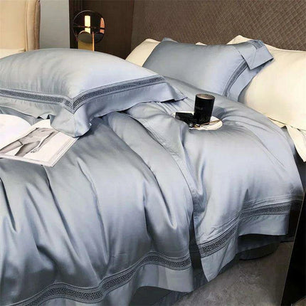 Sumptuous 1000TC Egyptian Cotton Bedding Ensemble with Elegant Hollow Lace - Duvet Cover, Flat & Fitted Sheets, Pillowcases for Queen & King Beds- Très Elite- Très Elite