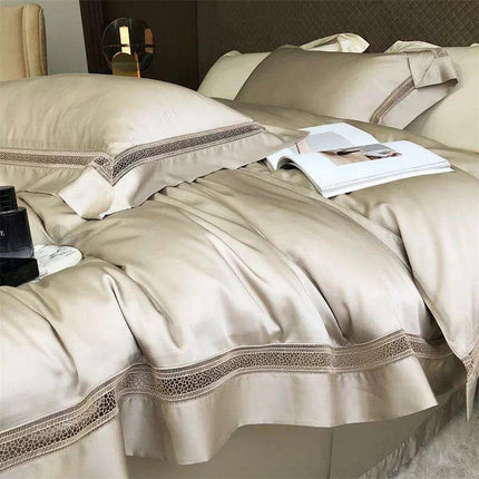 Sumptuous 1000TC Egyptian Cotton Bedding Ensemble with Elegant Hollow Lace - Duvet Cover, Flat & Fitted Sheets, Pillowcases for Queen & King Beds - Très Elite