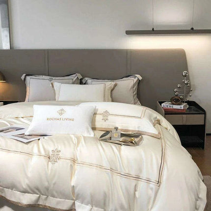 Sumptuous 1400TC Egyptian Cotton Embroidered Bedding Collection - King & Queen Duvet Cover with Sheet Set & Pillowcases - Très Elite