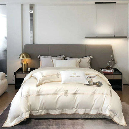 Sumptuous 1400TC Egyptian Cotton Embroidered Bedding Collection - King & Queen Duvet Cover with Sheet Set & Pillowcases - Très Elite