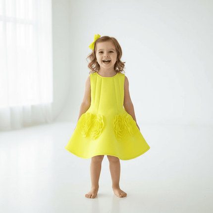 Sunny Yellow Floral Children's One-Piece Dress - Ideal for Weddings and Celebrations - Très Elite