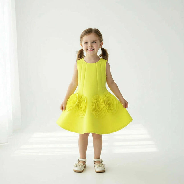 Sunny Yellow Floral Children's One-Piece Dress - Ideal for Weddings and Celebrations