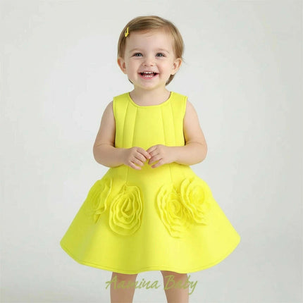 Sunny Yellow Floral Children's One-Piece Dress - Ideal for Weddings and Celebrations - Très Elite