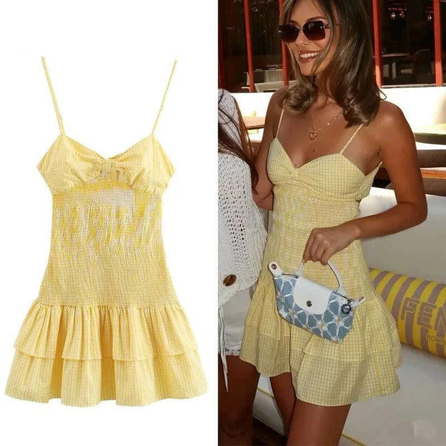 Sunny Yellow Plaid Corset Mini Dress with Charming Bow Detail for Women