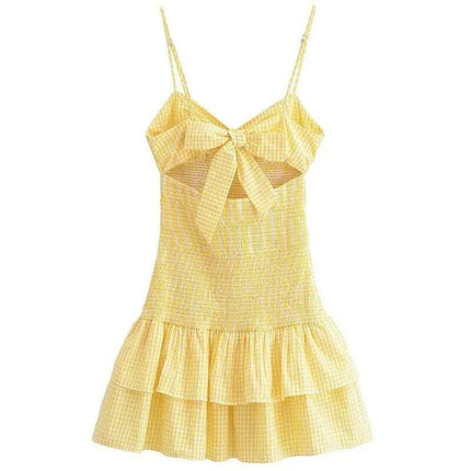 Sunny Yellow Plaid Corset Mini Dress with Charming Bow Detail for Women - Très Elite