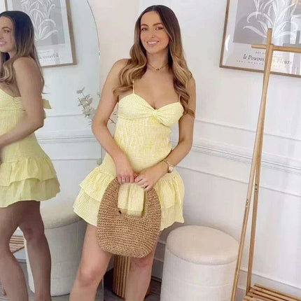 Sunny Yellow Plaid Corset Mini Dress with Charming Bow Detail for Women - Très Elite