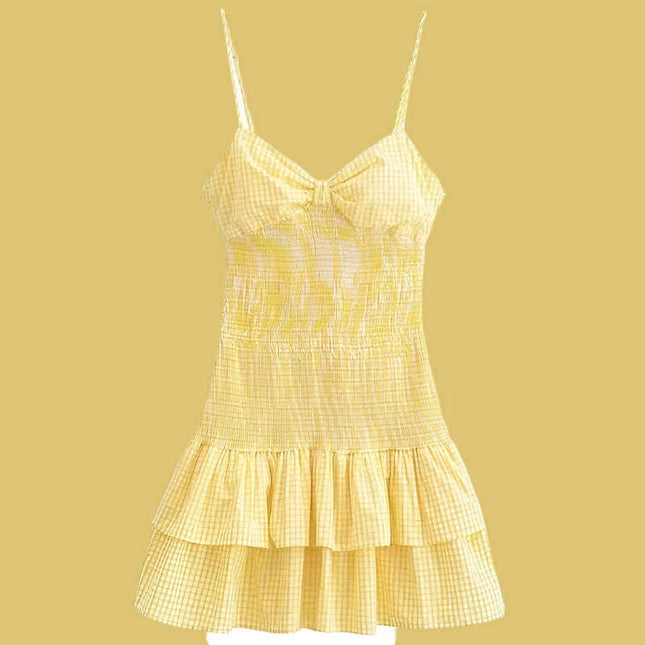 Sunny Yellow Plaid Corset Mini Dress with Charming Bow Detail for Women
