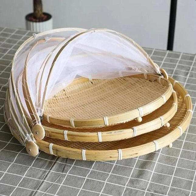 Sustainable Handcrafted Rattan Storage Basket with Protective Mesh Lid for Kitchen Use