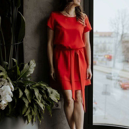 Tessita Elegant Short Sleeve Dress with Coordinating Waist Belt - Très Elite