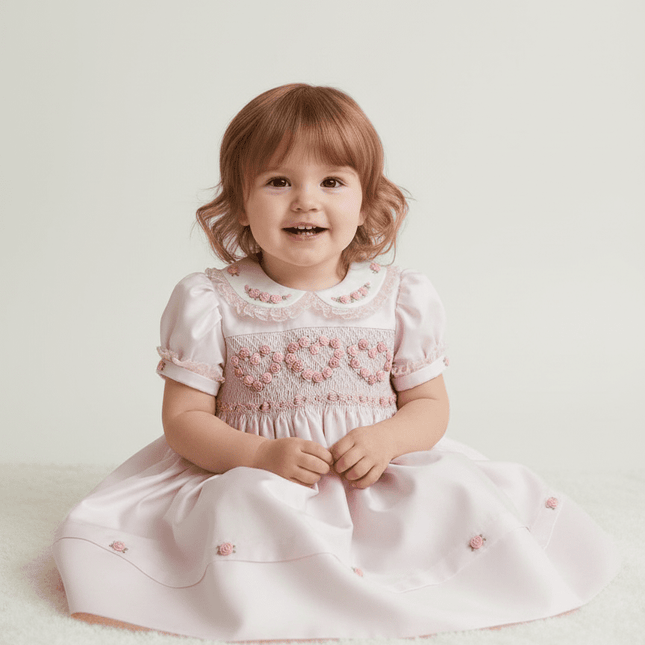 Toddler Girl Summer Floral Smocked Dress in Soft Pink for Celebrations and Photos