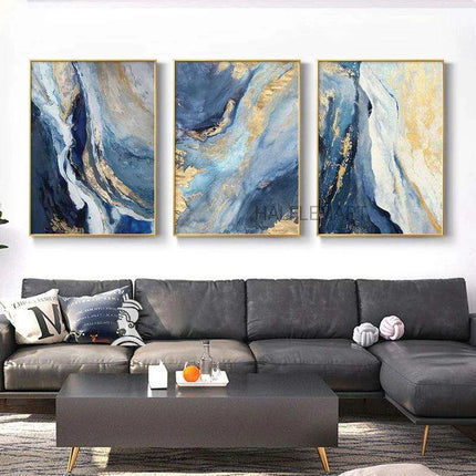 Tranquil Harmony: Blue and Gold Abstract Canvas Art Prints - Stylish Home Decor Piece - Très Elite