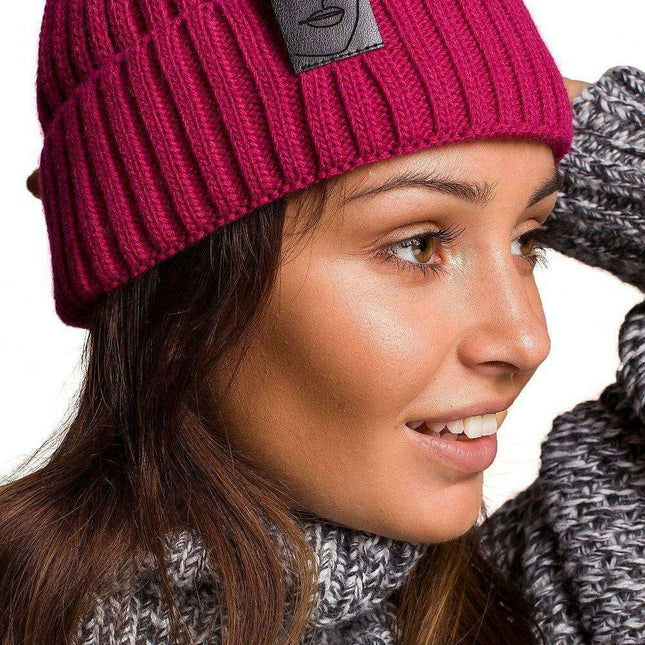 Trendy Acrylic Knit Beanie with Stylish Faux-Leather Face Detail