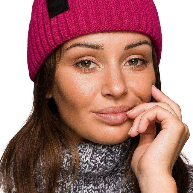 Trendy Acrylic Knit Beanie with Stylish Faux-Leather Face Detail