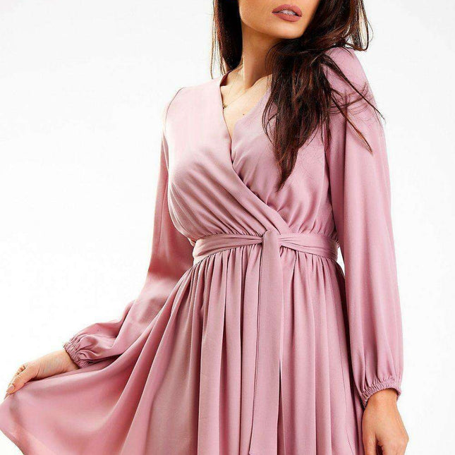 Trendy Belted Long Sleeve Mini Dress with Flexible Waistband