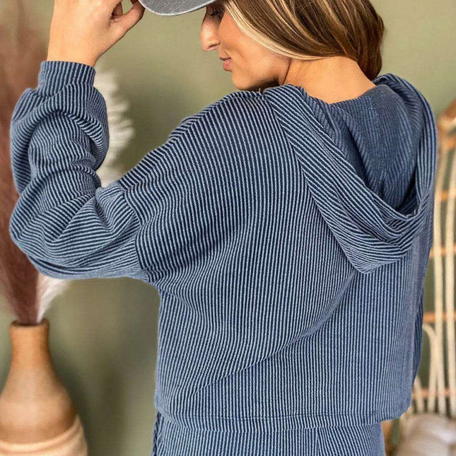 Trendy Blue Ribbed Lounge Set: Stylish Hoodie and Pants Duo for Everyday Comfort