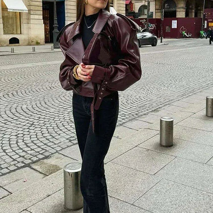 Trendy Chery Red Cropped Leather Jacket for Women - Très Elite