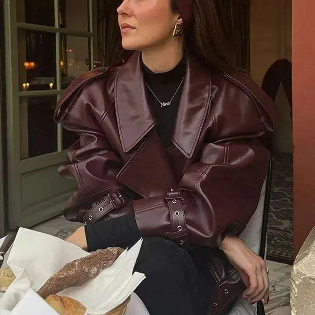 Trendy Chery Red Cropped Leather Jacket for Women