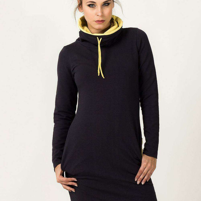 Trendy Colorblock Hoodie Dress with Cozy Collar and Convenient Pockets