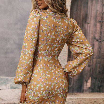 Trendy Floral V-Neck Mini Dress with Elegant Puff Sleeves - Très Elite