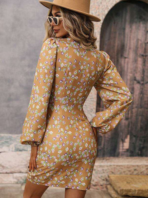 Trendy Floral V-Neck Mini Dress with Elegant Puff Sleeves