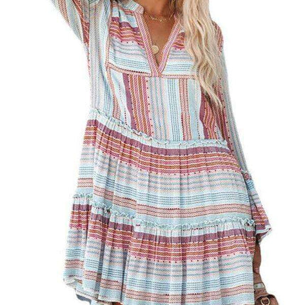 Trendy Geometric Print V-Neck Long Sleeve Casual Dress for Women - Très Elite