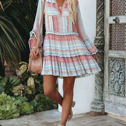 Trendy Geometric Print V-Neck Long Sleeve Casual Dress for Women - Très Elite
