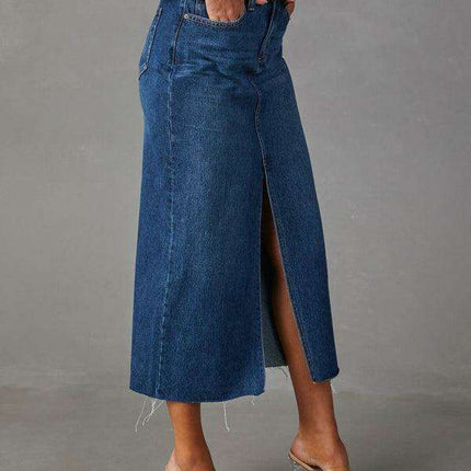 Trendy High-Waisted Denim A-Line Skirt with Slit - Your Must-Have for Spring and Summer - Très Elite