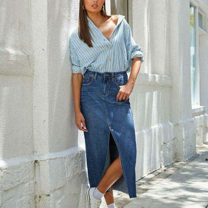 Trendy High-Waisted Denim A-Line Skirt with Slit - Your Must-Have for Spring and Summer - Très Elite