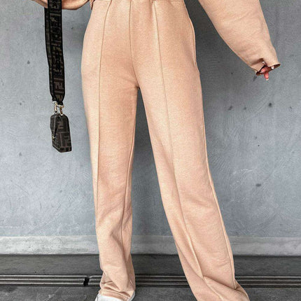 Trendy Khaki Distressed Crop Top and Wide Leg Trousers Set for Effortless Style