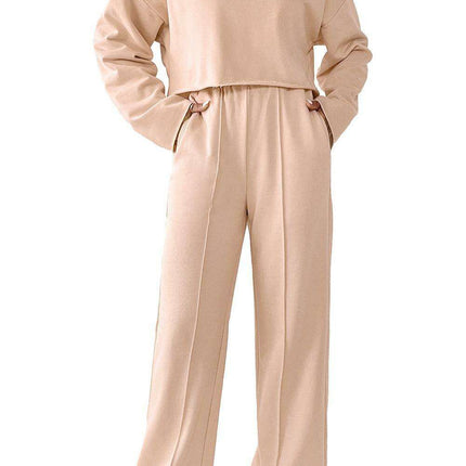 Trendy Khaki Distressed Crop Top and Wide Leg Trousers Set for Effortless Style