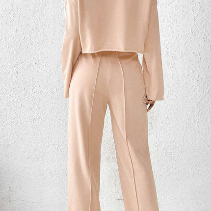 Trendy Khaki Distressed Crop Top and Wide Leg Trousers Set for Effortless Style