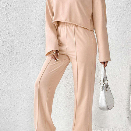 Trendy Khaki Distressed Crop Top and Wide Leg Trousers Set for Effortless Style