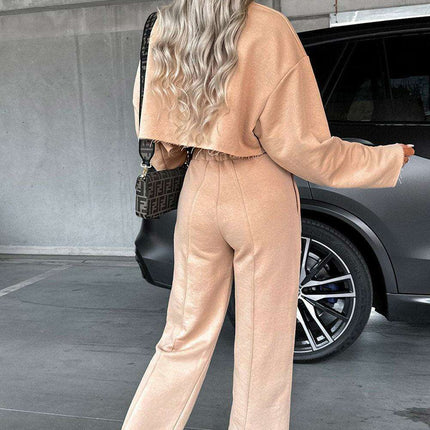 Trendy Khaki Distressed Crop Top and Wide Leg Trousers Set for Effortless Style