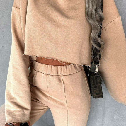 Trendy Khaki Distressed Crop Top and Wide Leg Trousers Set for Effortless Style