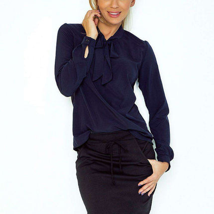 Trendy Navy Blue Long Sleeve Blouse with Chic Front Tie Detail - Très Elite