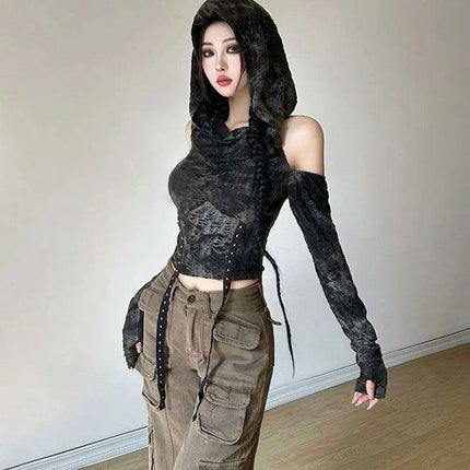 Trendy Off-Shoulder Hooded Crop Top for Women - Y2K Harajuku Style 2024 - Très Elite