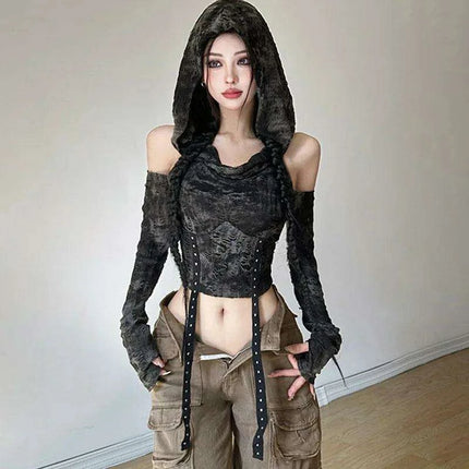 Trendy Off-Shoulder Hooded Crop Top for Women - Y2K Harajuku Style 2024 - Très Elite