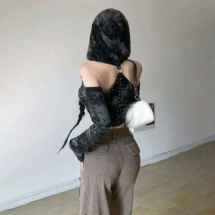Trendy Off-Shoulder Hooded Crop Top for Women - Y2K Harajuku Style 2024 - Très Elite