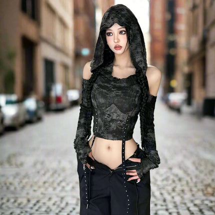 Trendy Off-Shoulder Hooded Crop Top for Women - Y2K Harajuku Style 2024